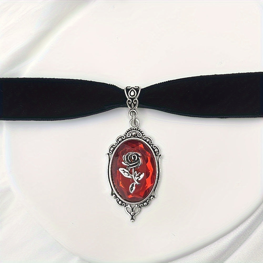 Dark Red Rose Cameo Necklace-Choker, Black Velvet Victorian Jewelry