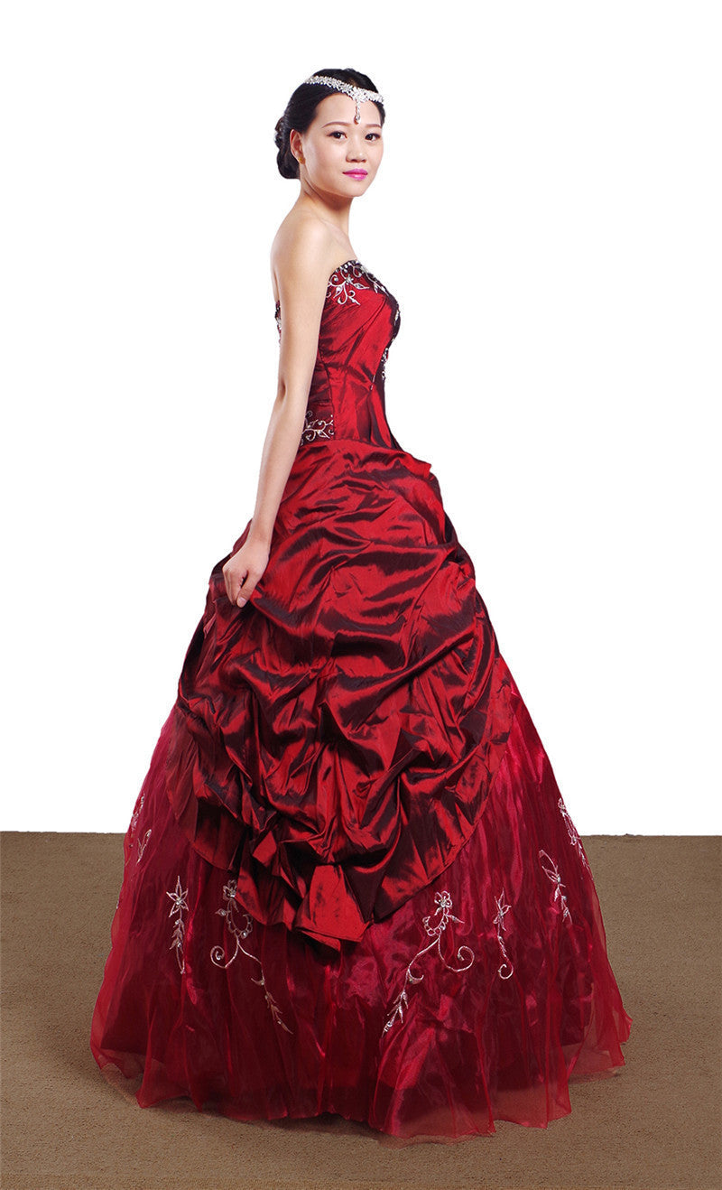 Ruby Red Ball Gown, Formal Dress, Handmade, Silver Embroidered, Taffeta, Victorian, Luxurious