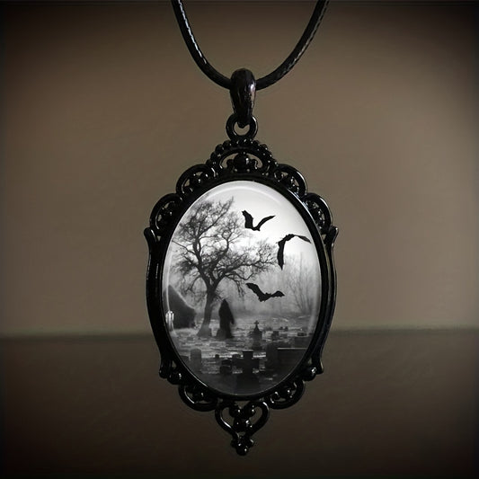 1 Pc Victorian Costume Necklace, Dark Cemetery and Bats Pendant, Halloween Jewelry