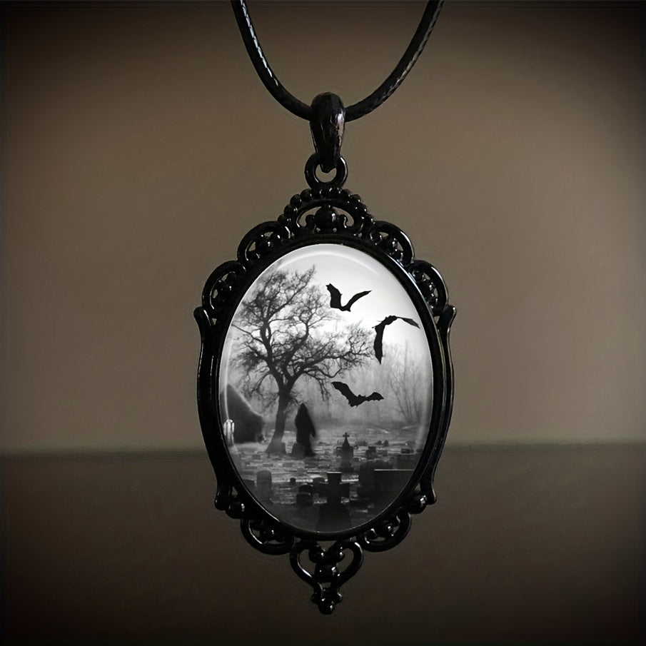 1 Pc Victorian Costume Necklace, Dark Cemetery and Bats Pendant, Halloween Jewelry