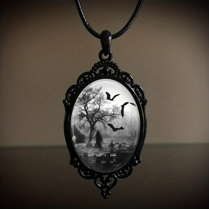 1 Pc Victorian Costume Necklace, Dark Cemetery and Bats Pendant, Halloween Jewelry