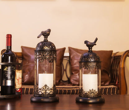 Vintage-style Metal and Glass Candle Holder- Iron Scrollwork/Birds Design