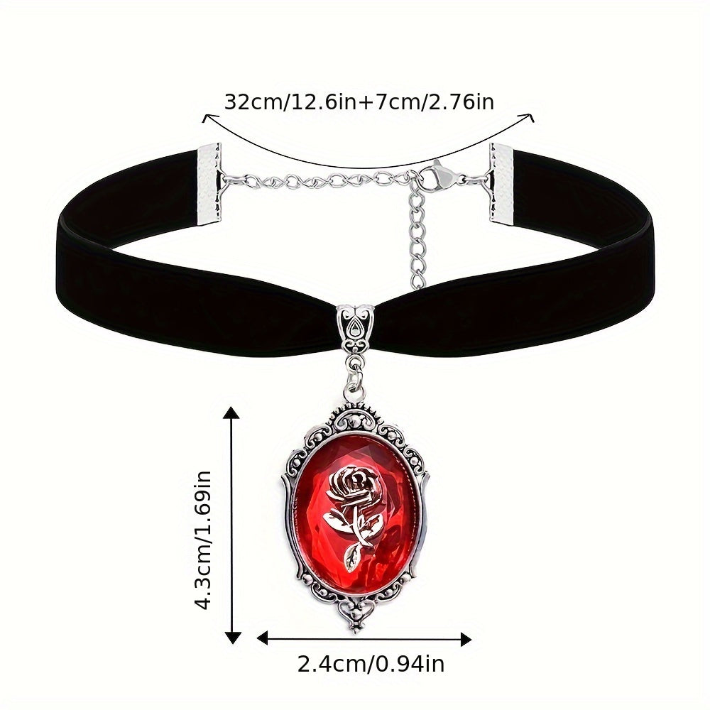 Dark Red Rose Cameo Necklace-Choker, Black Velvet Victorian Jewelry