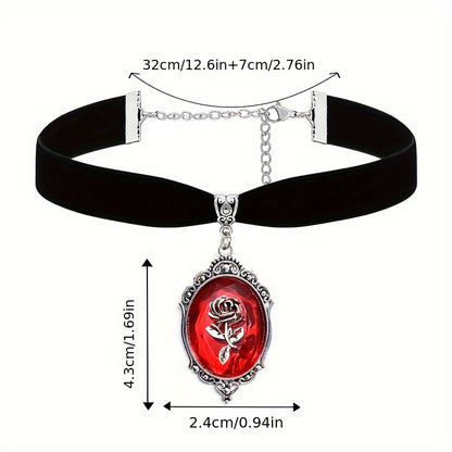 Dark Red Rose Cameo Necklace-Choker, Black Velvet Victorian Jewelry