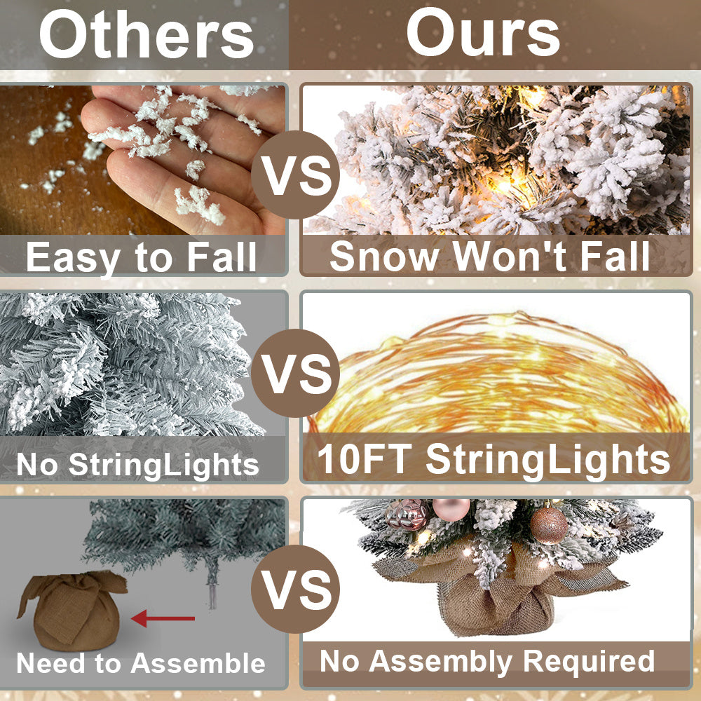 2ft Mini Flocked Christmas Tree With Lights & Ornaments. Gold & Rose Gold