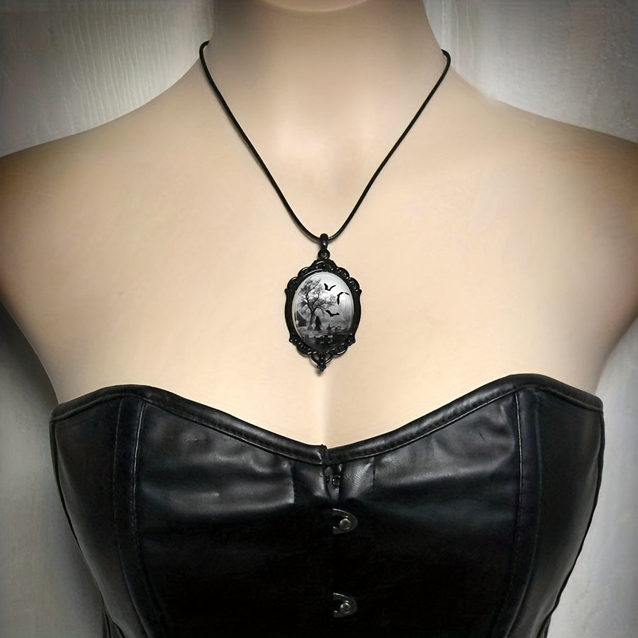 1 Pc Victorian Costume Necklace, Dark Cemetery and Bats Pendant, Halloween Jewelry