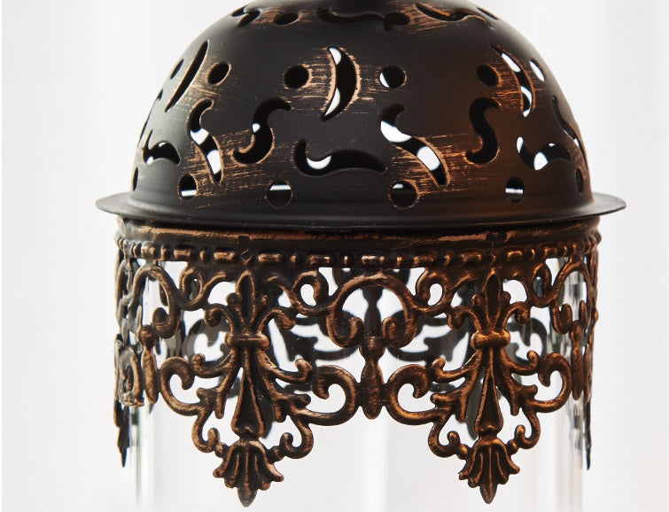 Vintage-style Metal and Glass Candle Holder- Iron Scrollwork/Birds Design