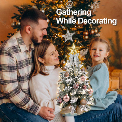 2ft Mini Flocked Christmas Tree With Lights & Ornaments. Gold & Rose Gold