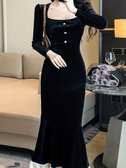 Elegant Contrast Lace Bodycon Dress with Square Neck and Long Sleeves for Women