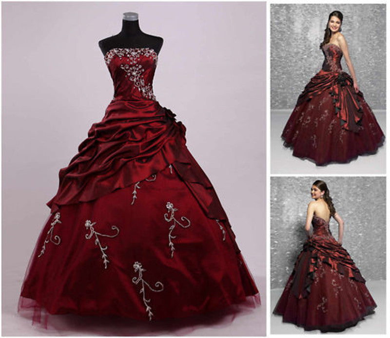 Ruby Red Ball Gown, Formal Dress, Handmade, Silver Embroidered, Taffeta, Victorian, Luxurious