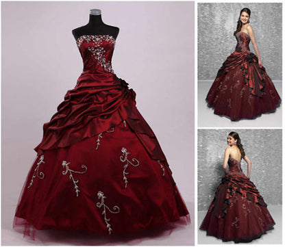 Ruby Red Ball Gown, Formal Dress, Handmade, Silver Embroidered, Taffeta, Victorian, Luxurious