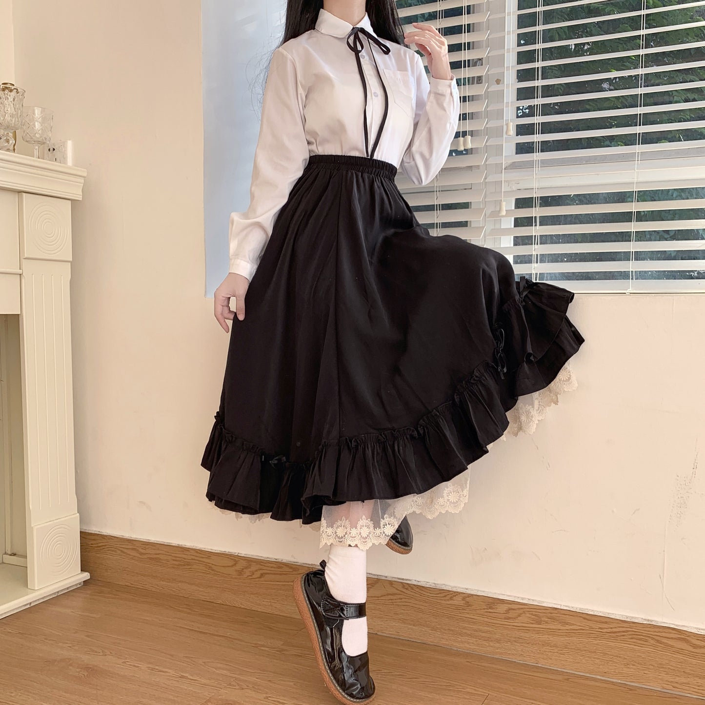 Mid-length Petticoat Ruffled Skirt White