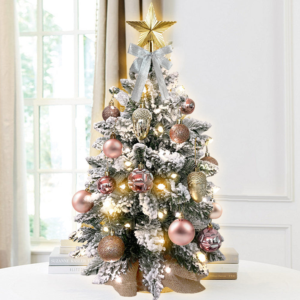 2ft Mini Flocked Christmas Tree With Lights & Ornaments. Woodland-Bronze-Dusty Rose