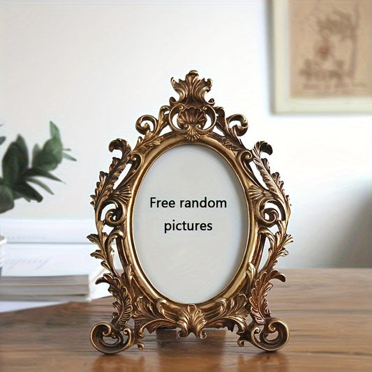 1pc Vintage Oval Photo Frame - Distressed Golden Palace Style - Carved Resin Table Ornament - Home, Living Room, Office Decor - Valentine's Day, Wedding Gift