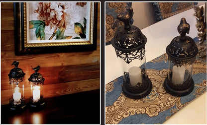 Vintage-style Metal and Glass Candle Holder- Iron Scrollwork/Birds Design