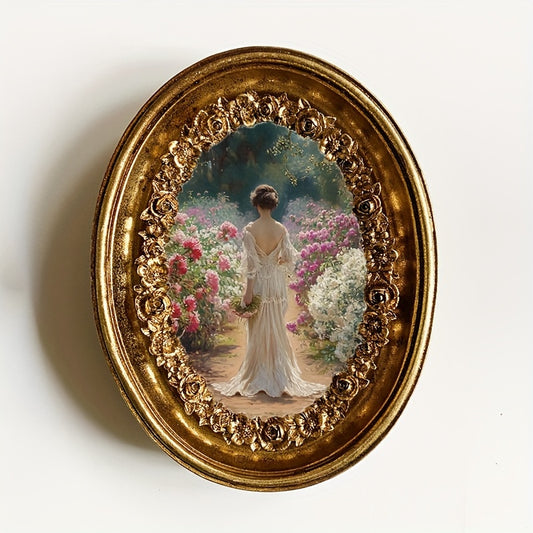 1pc 7.5inch Oval Victorian Antique Finish, Gold Flower Embossed Photo Frame