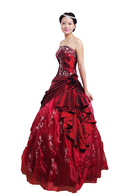Ruby Red Ball Gown, Formal Dress, Handmade, Silver Embroidered, Taffeta, Victorian, Luxurious