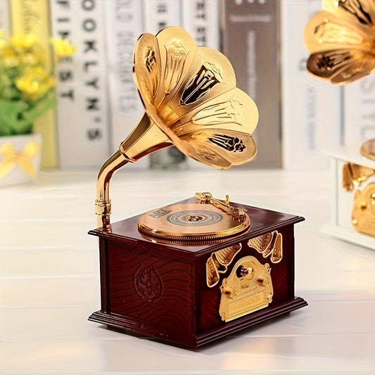 1pc Small Music Box with Drawer, Vintage Phonograph Style, Gold Accents