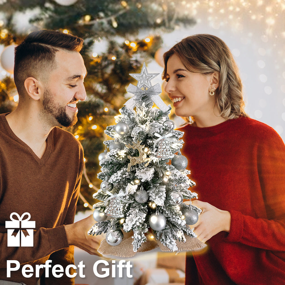 2ft Mini Flocked Christmas Tree With Lights & Ornaments. Woodland-Bronze-Dusty Rose