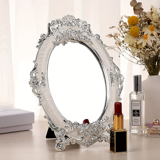 Vintage Rose Embossed Oval Mirror with Stand
