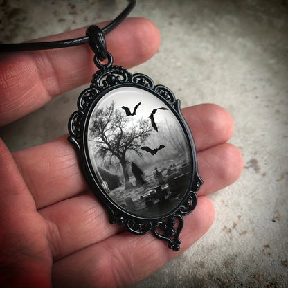 1 Pc Victorian Costume Necklace, Dark Cemetery and Bats Pendant, Halloween Jewelry