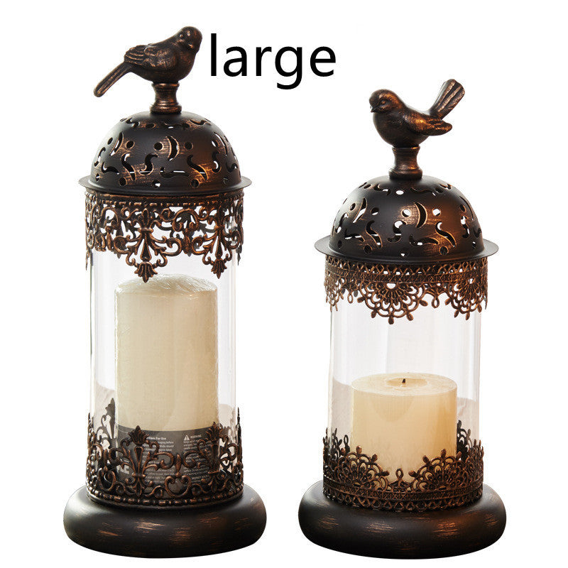 Vintage-style Metal and Glass Candle Holder- Iron Scrollwork/Birds Design
