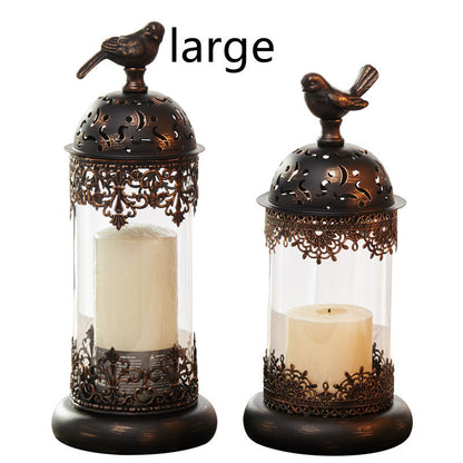 Vintage-style Metal and Glass Candle Holder- Iron Scrollwork/Birds Design