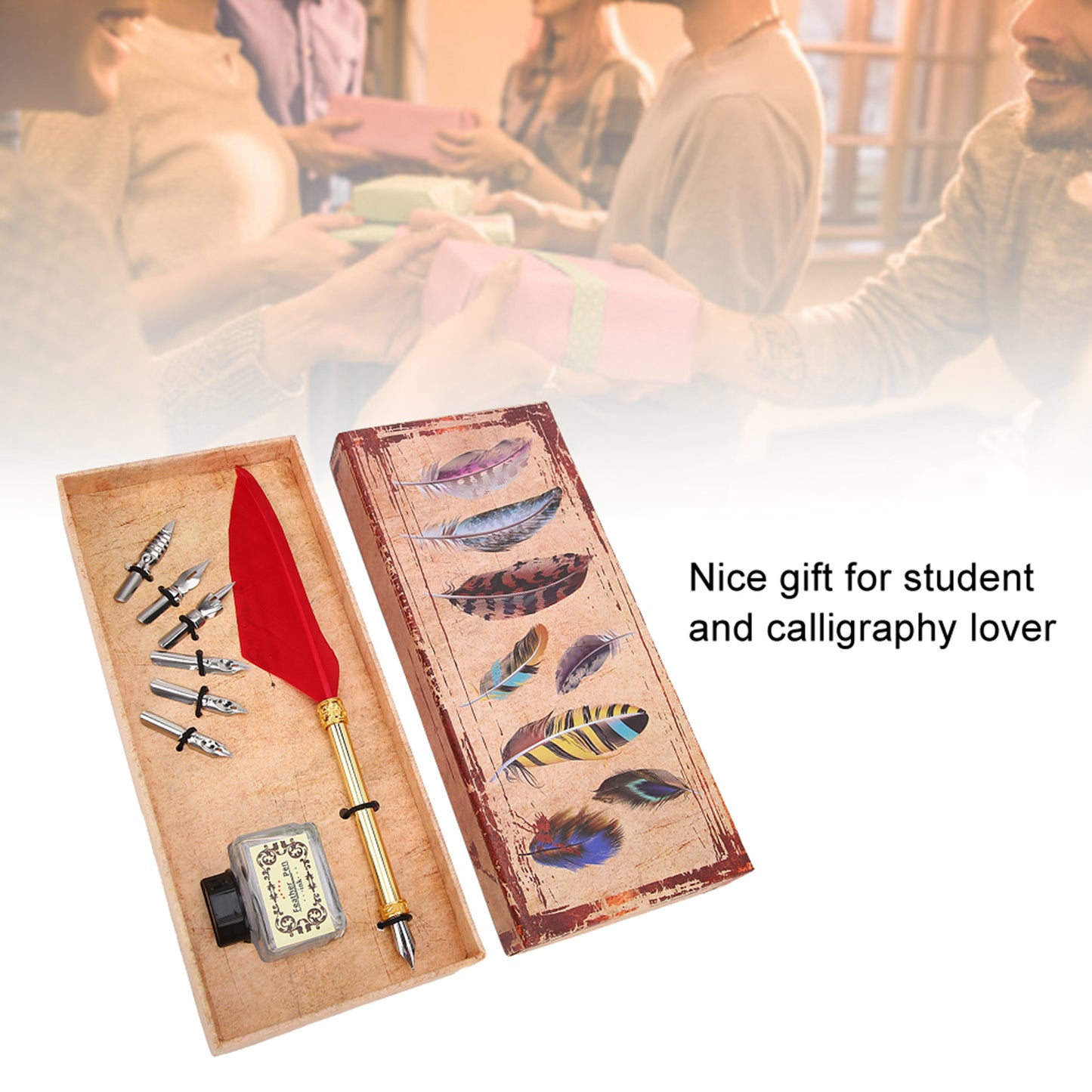 Vintage Style Calligraphic Feather Pen Kit  Gift Box