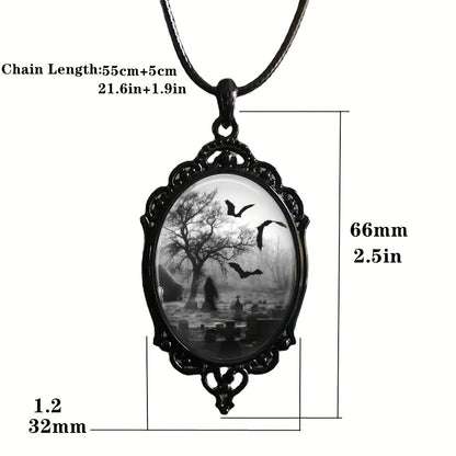 1 Pc Victorian Costume Necklace, Dark Cemetery and Bats Pendant, Halloween Jewelry