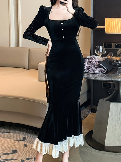 Elegant Contrast Lace Bodycon Dress with Square Neck and Long Sleeves for Women