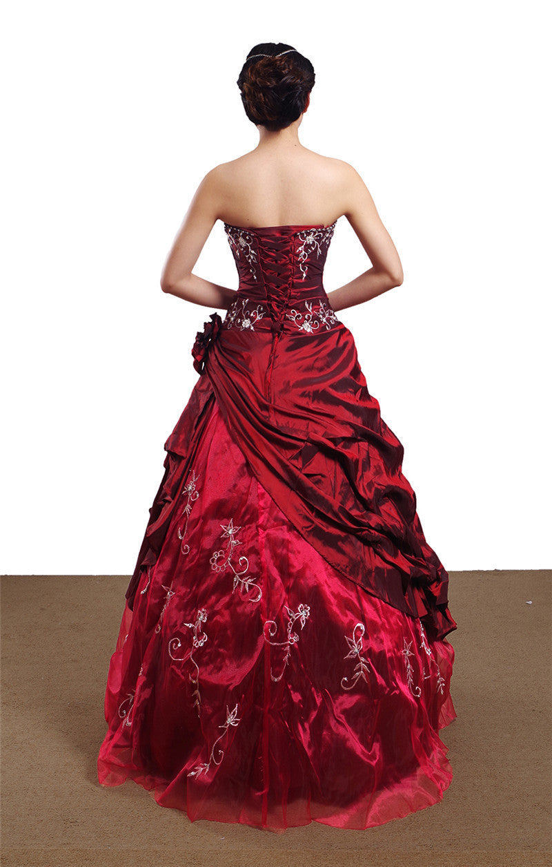 Ruby Red Ball Gown, Formal Dress, Handmade, Silver Embroidered, Taffeta, Victorian, Luxurious
