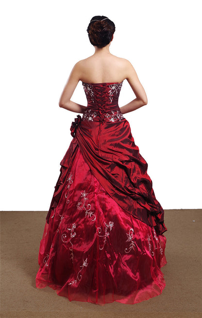 Ruby Red Ball Gown, Formal Dress, Handmade, Silver Embroidered, Taffeta, Victorian, Luxurious