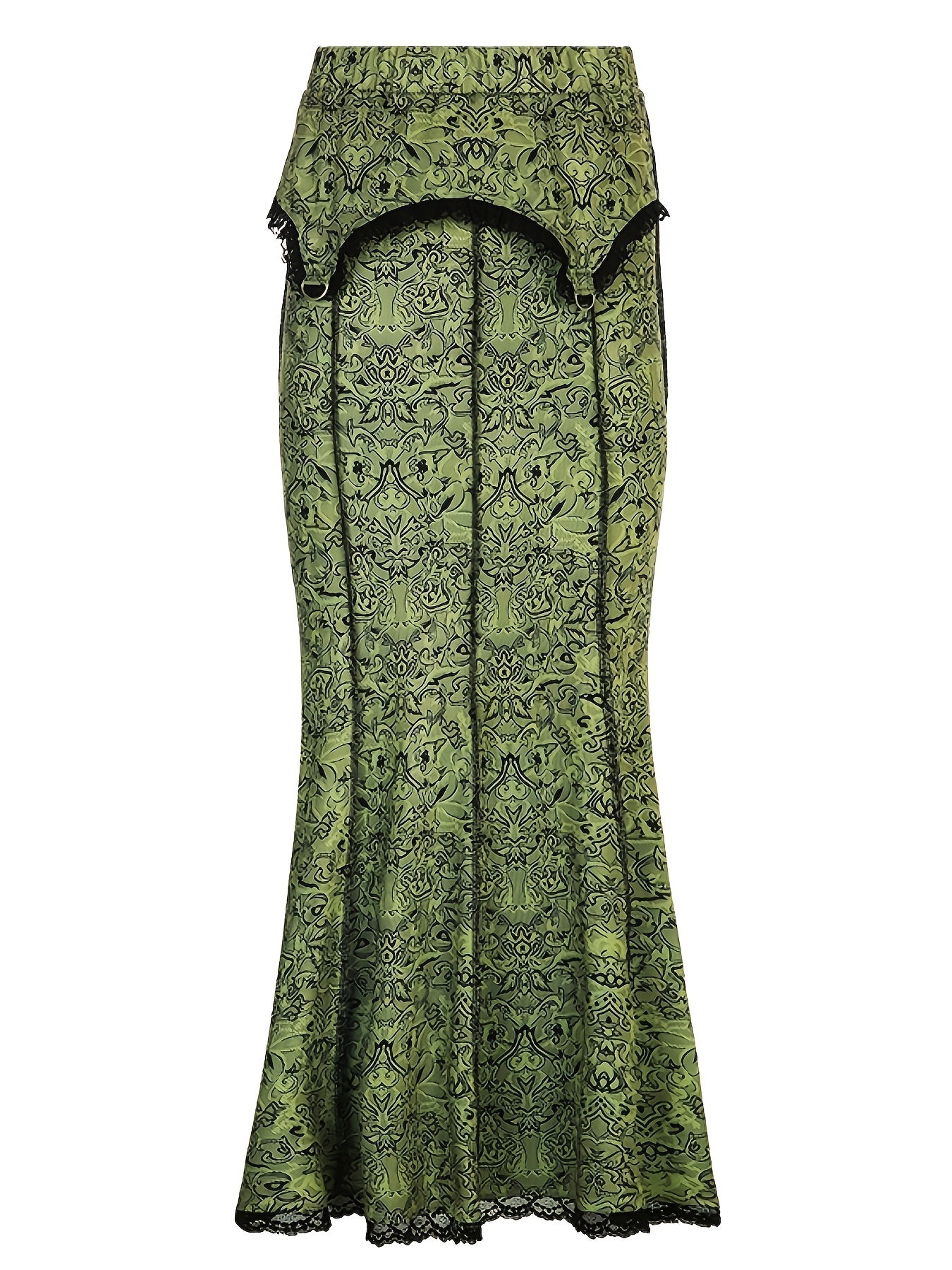 Graphic Print Lace Trim Mermaid Skirt, Elegant Slim Bodycon Skirt For Spring & Fall, Women's Clothing