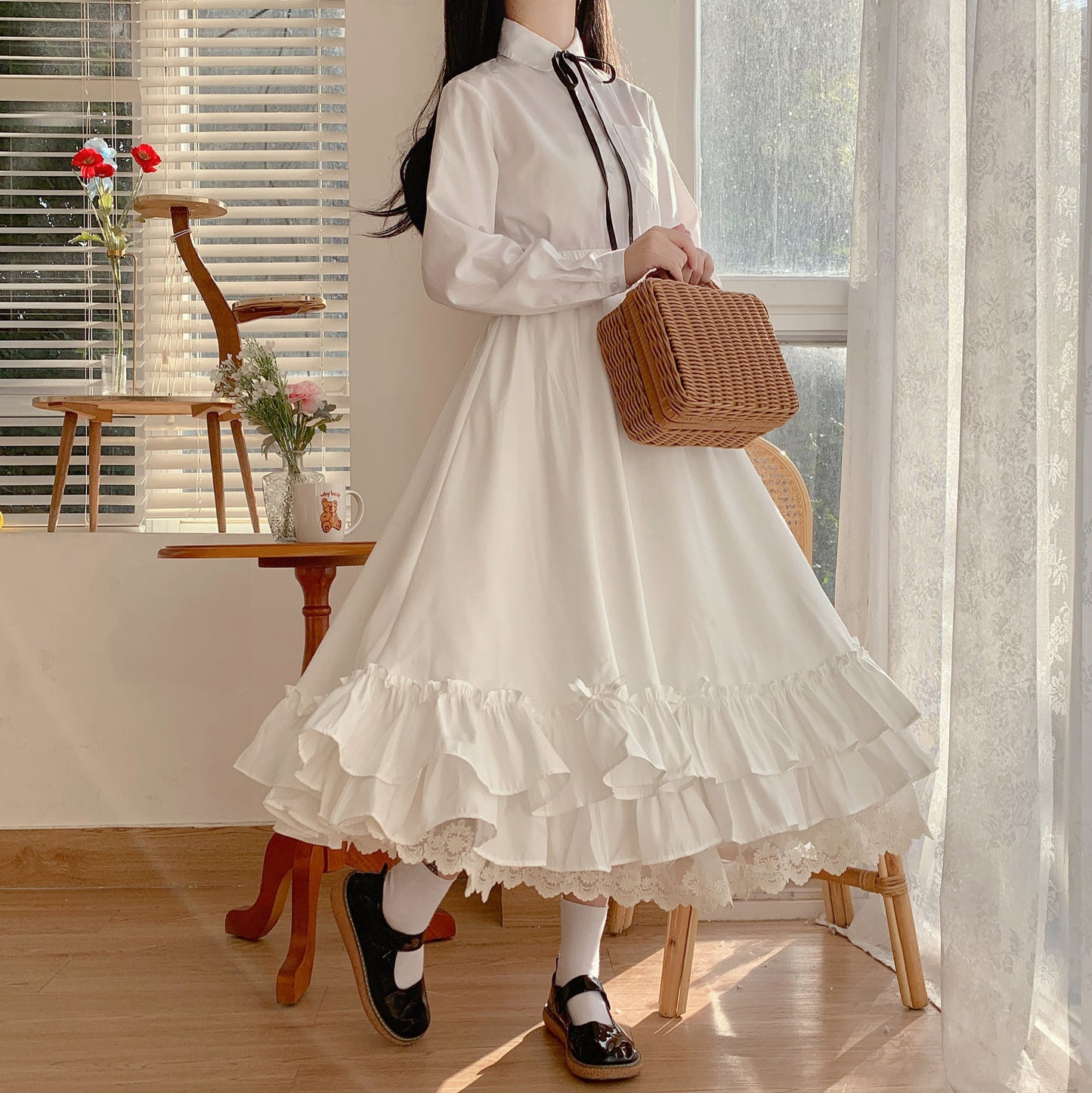 Mid-length Petticoat Ruffled Skirt White