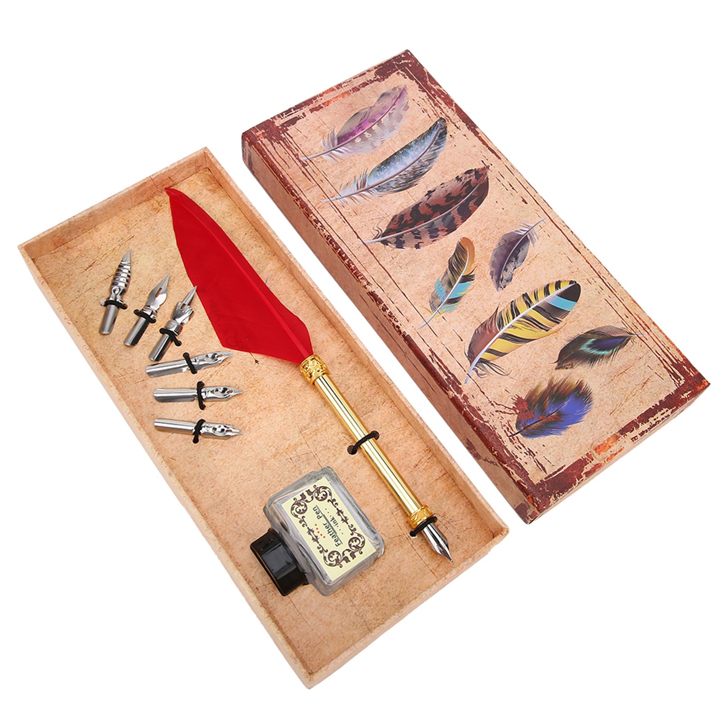 Vintage Style Calligraphic Feather Pen Kit  Gift Box