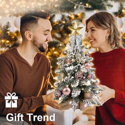 2ft Mini Flocked Christmas Tree With Lights & Ornaments. Gold & Rose Gold