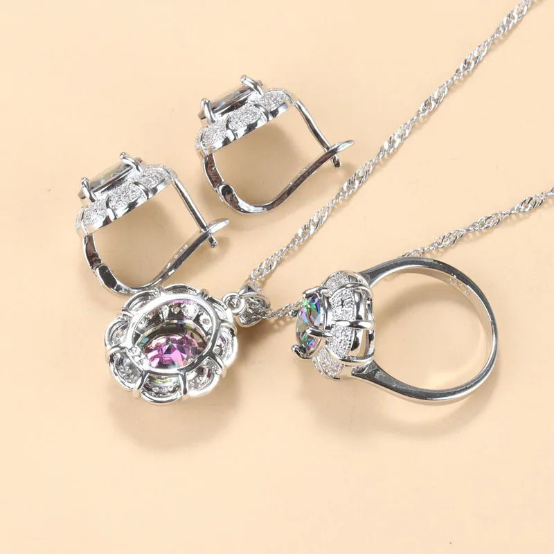 925 Silver Elegant Zirconia Jewelry Sets, Luxury Wedding Necklace Set, Costume Jewelry, Color Stones