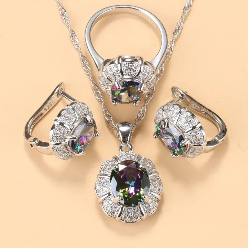 925 Silver Elegant Zirconia Jewelry Sets, Luxury Wedding Necklace Set, Costume Jewelry, Color Stones