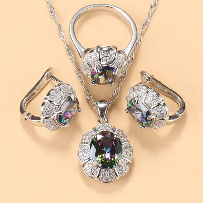 925 Silver Elegant Zirconia Jewelry Sets, Luxury Wedding Necklace Set, Costume Jewelry, Color Stones