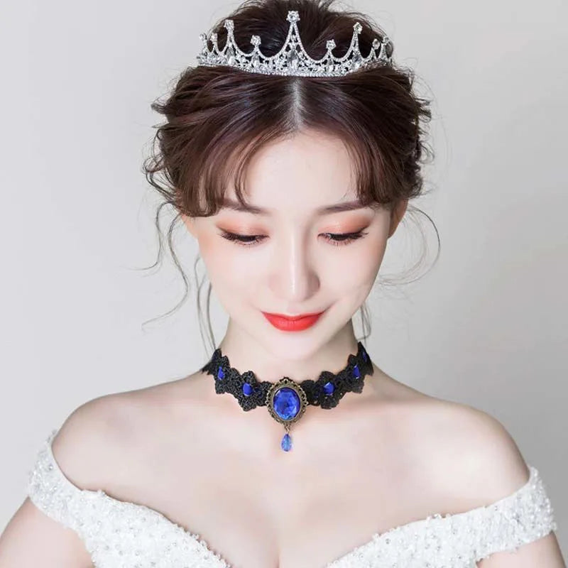 Victorian Black Lace Crystal Jewel Necklace-Choker, Steampunk-Gothic, Costume