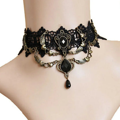 Gothic Victorian Black Lace Necklace Women Girl Boho Crystal Tassel Sexy Lace Choker Steampunk Dark Loli Style Halloween Jewelry