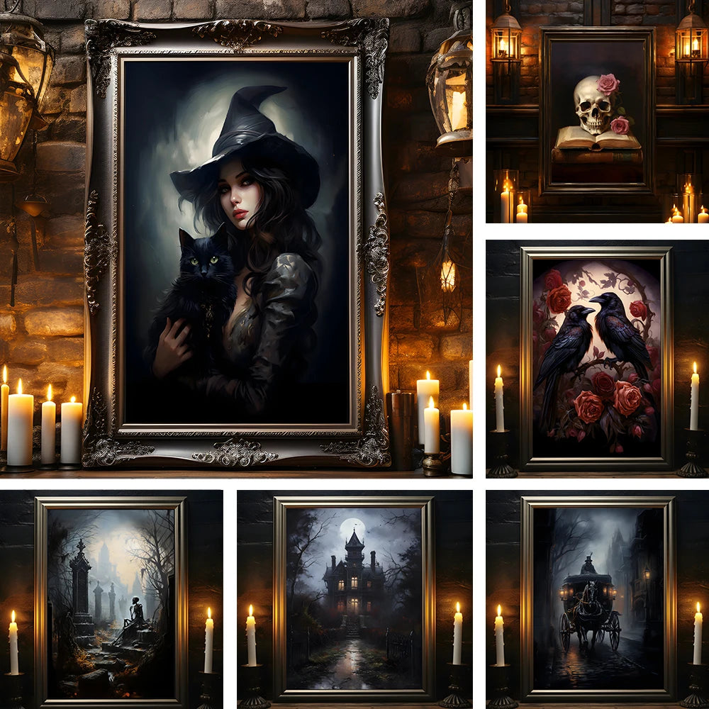 Retro Spooky Haunted Mansion Print, Canvas Painting, Halloween-Victorian Home Decor