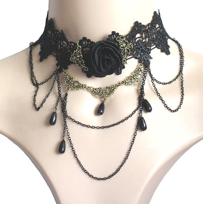 Gothic Victorian Black Lace Necklace Women Girl Boho Crystal Tassel Sexy Lace Choker Steampunk Dark Loli Style Halloween Jewelry