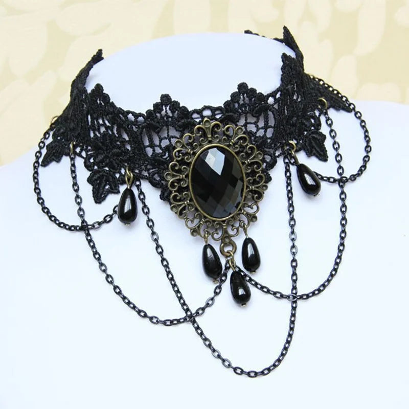 Gothic Victorian Black Lace Necklace Women Girl Boho Crystal Tassel Sexy Lace Choker Steampunk Dark Loli Style Halloween Jewelry