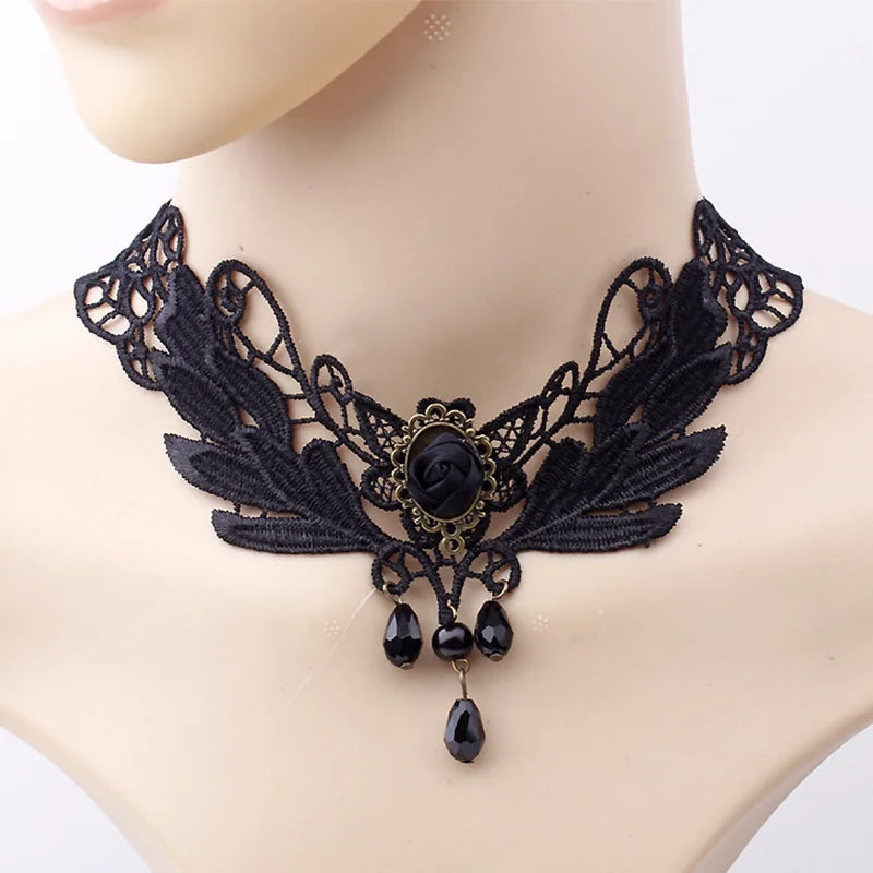 Gothic Victorian Black Lace Necklace Women Girl Boho Crystal Tassel Sexy Lace Choker Steampunk Dark Loli Style Halloween Jewelry