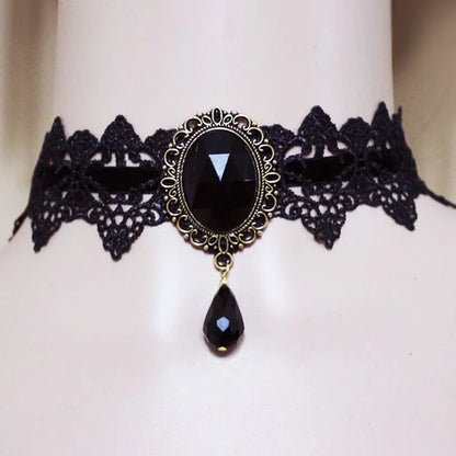 Victorian Black Lace Crystal Jewel Necklace-Choker, Steampunk-Gothic, Costume