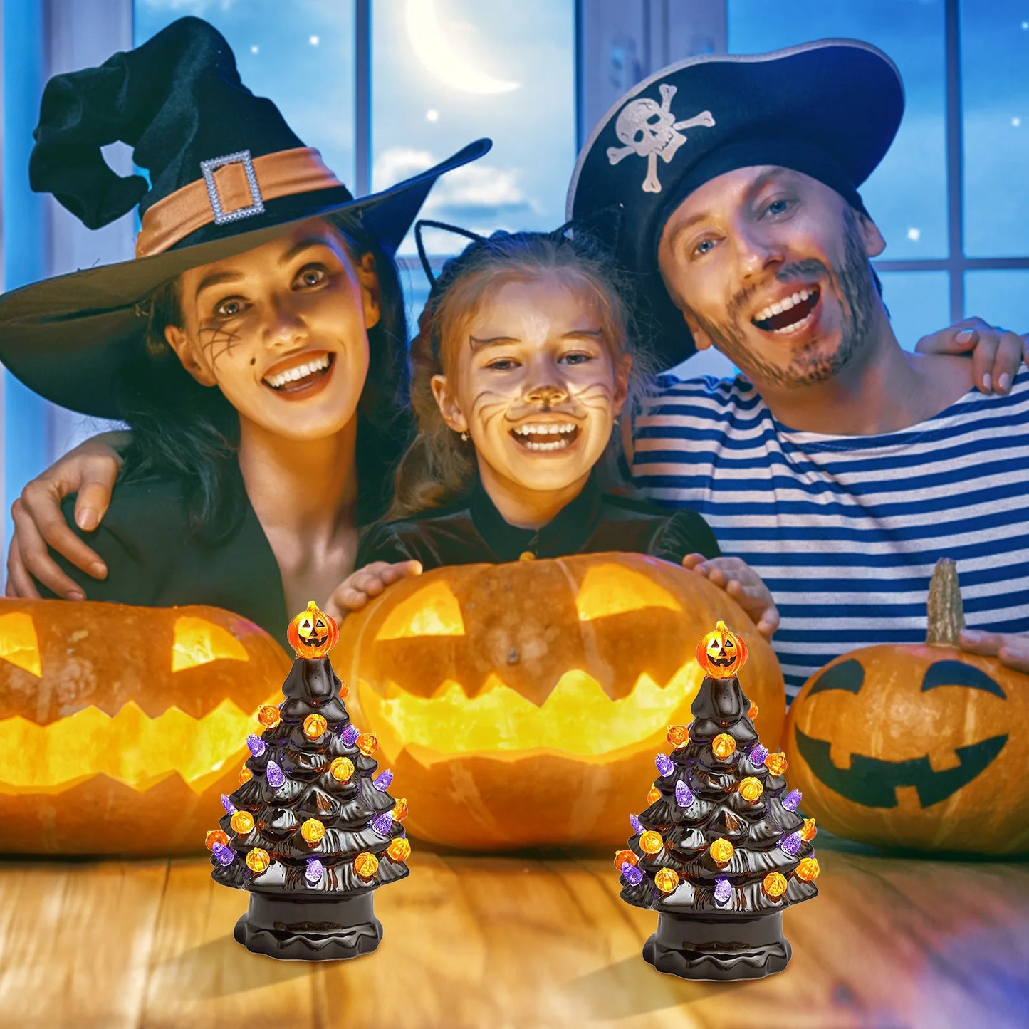 Halloween-Pumpkins Ceramic LED Tree, Lighted Table Centerpiece