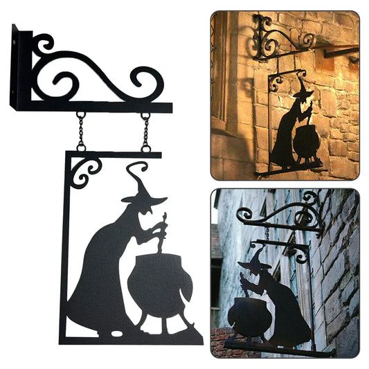 Hanging Metal Vintage Halloween Cast Iron Sign- Cauldron and Scrolls