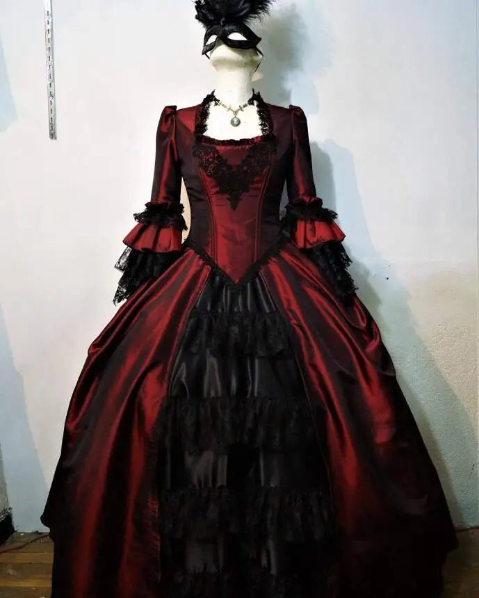 Elegant Victorian Lace and Ruffle Accented Ball Gown for Events or Costume