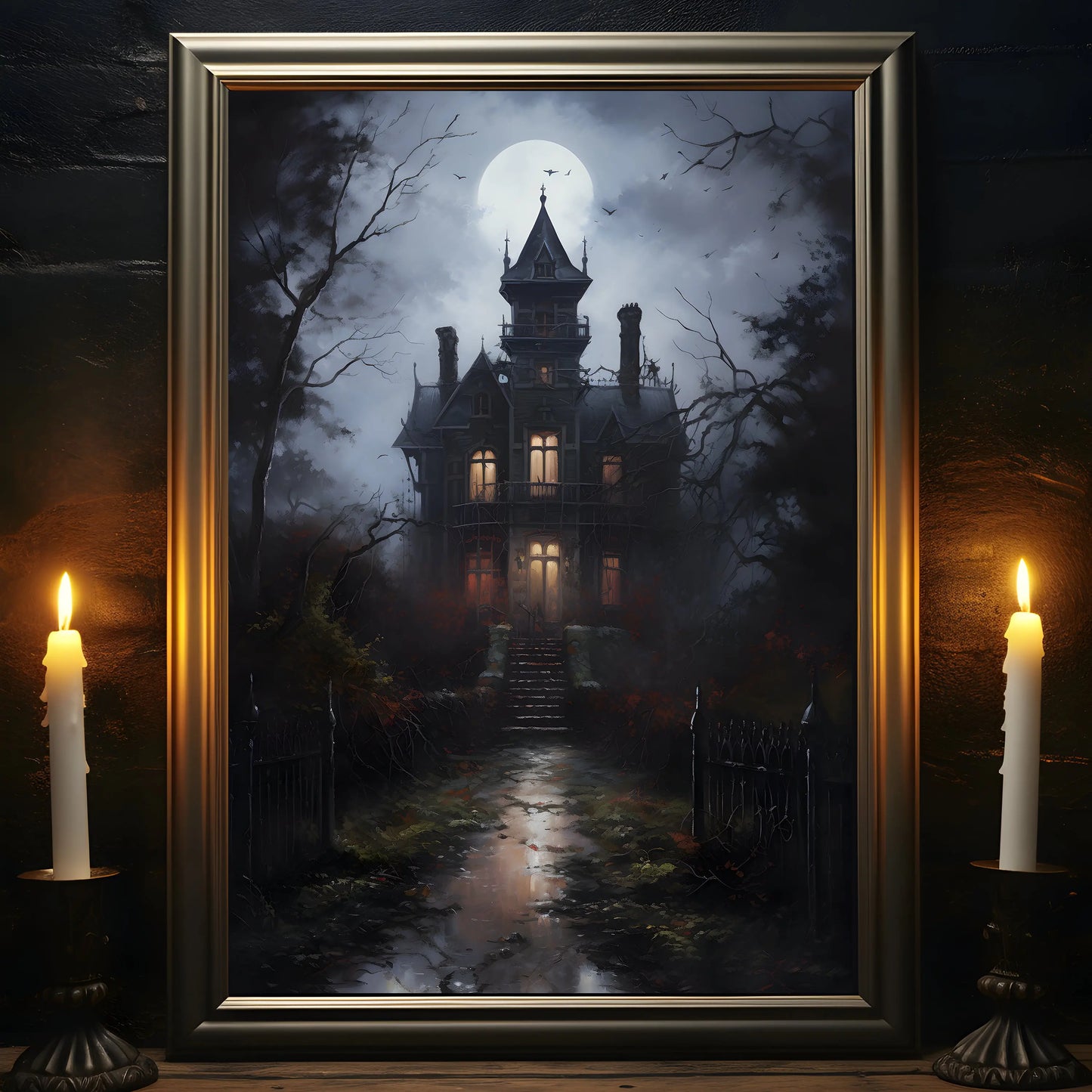 Retro Spooky Haunted Mansion Print, Canvas Painting, Halloween-Victorian Home Decor